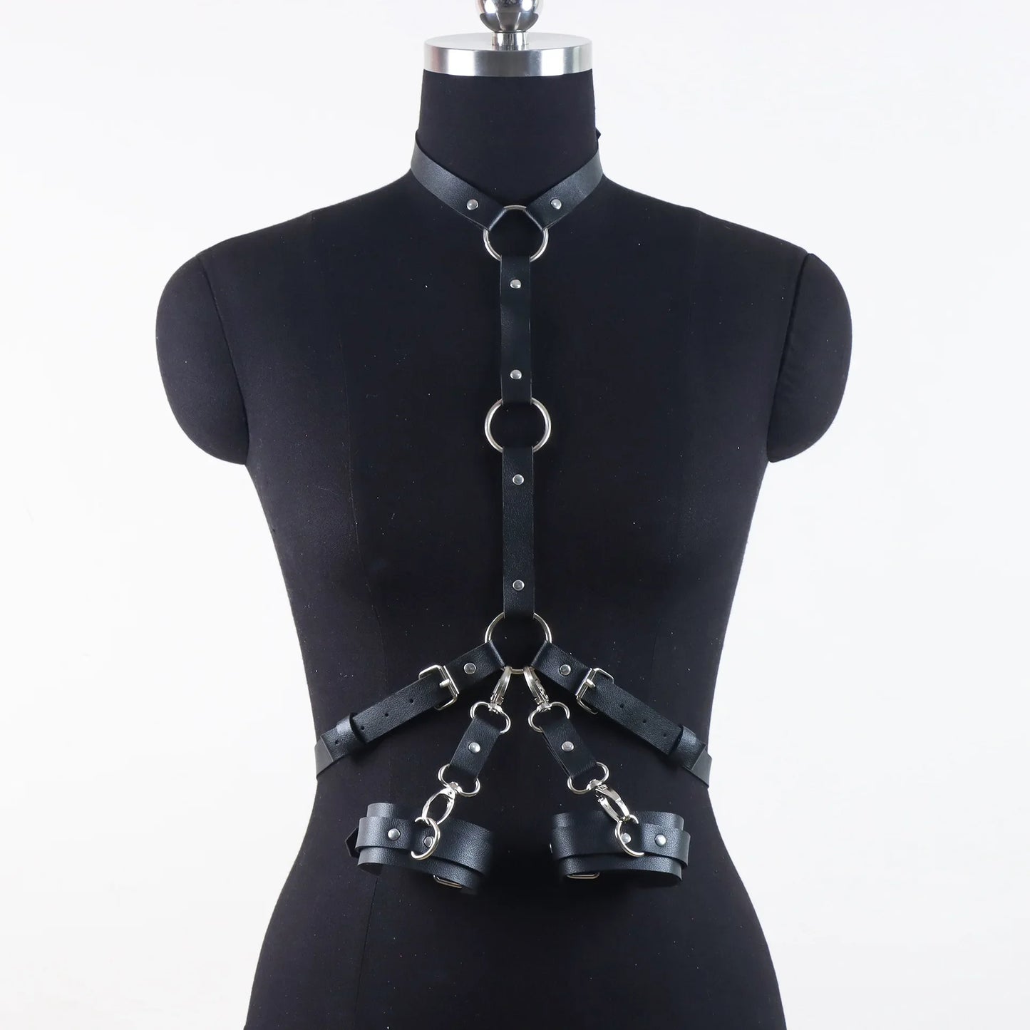 BDSM Harness SM Slave Handcuff Fetish Accessories Erotic Chest Strap Suspneder for Women PU Leather Backhandcuff Gothic Rave Set