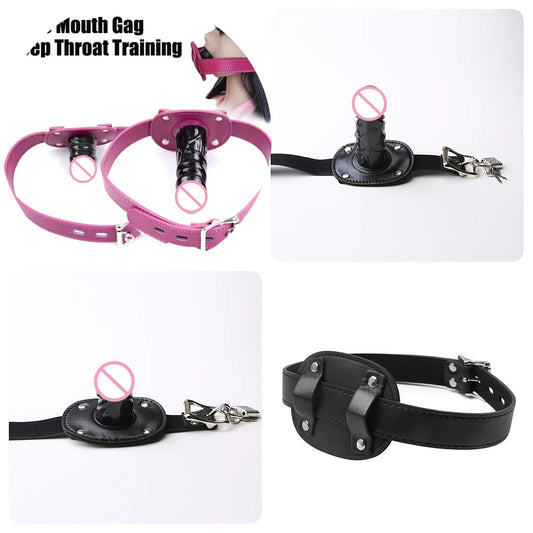 BDSM Leather Silicone Penis Mouth Ball Gag With Bondage Restraints Oral Dildo Plug Harness For Couple Sex Adult Supplies