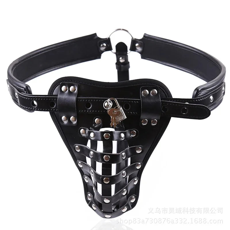 BDSM PU Leather Male Chastity Cage Belt Device Pants Underwear Lock Penis Rings Bondage Erotic Sex Toys for Men Adults Games 18+