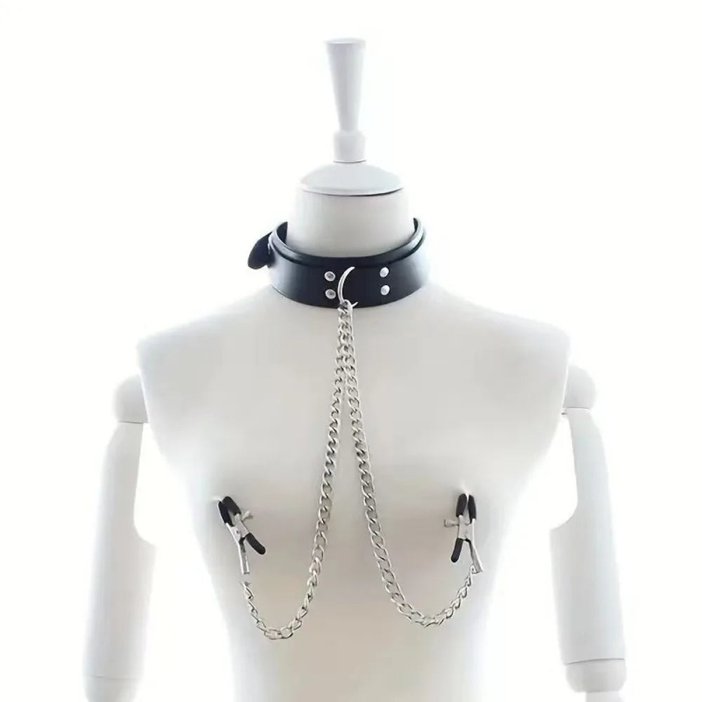 BDSM Restraints Sex Toys for Couples Adjustable Nipple Clamps and Neck Collar Sex Collar Nipple Toys for Adult Bondage Gear