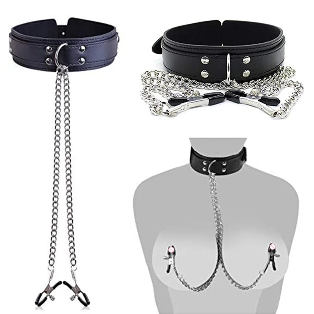 BDSM Restraints Sex Toys for Couples Adjustable Nipple Clamps and Neck Collar Sex Collar Nipple Toys for Adult Bondage Gear