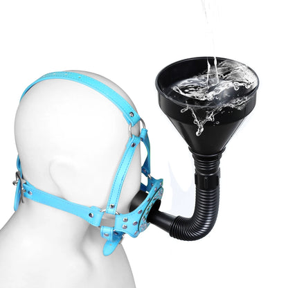 BDSM Toilet Funnel Open Mouth Gag Mask Hood PU Leather Funnel Oral Enema Drool Plug Gag Head Harness Bondage Adult Game