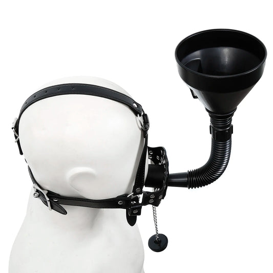 BDSM Toilet Funnel Open Mouth Gag Mask Hood PU Leather Funnel Oral Enema Drool Plug Gag Head Harness Bondage Adult Game