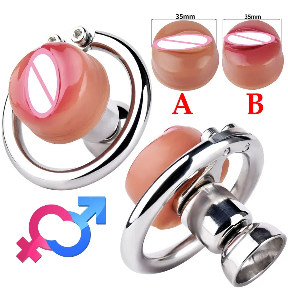 Bdsm Inverted Urethral Chastity Cage with Realistic Pussy Shape Urethral for Sissy Couple Play Penis Rings Intimate Products 18+