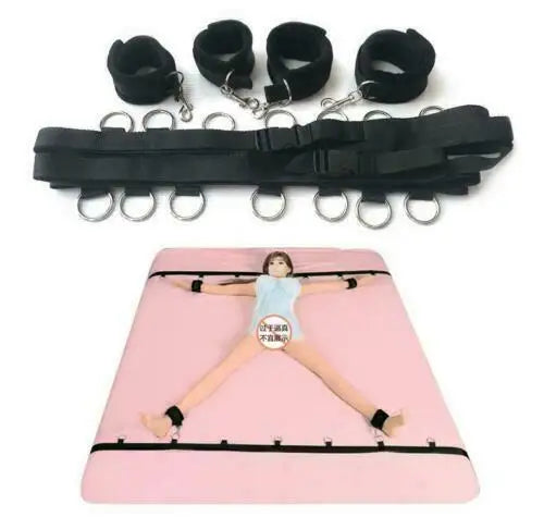 Bed Bondage System with Ankle Cuffs Handcuffs Set Whips BDSM Leather Spanking Paddle RolePlay Slave Adult Sex Toys for Couples