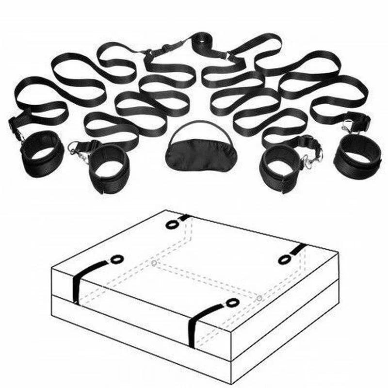 Bedroom Bed Restraints Kit Mattress Bindings Straps Wrist Hand Ankle Cuffs Black Sponged Bondage Belt Blindfold Sex Toy