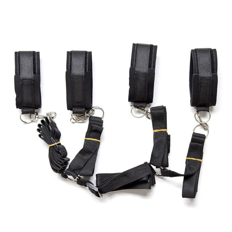 Bedroom Bed Restraints Kit Mattress Bindings Straps Wrist Hand Ankle Cuffs Black Sponged Bondage Belt Blindfold Sex Toy