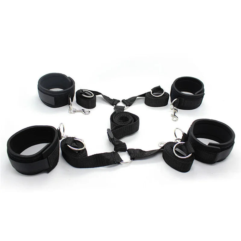 Bedroom Bed Restraints Kit Mattress Bindings Straps Wrist Hand Ankle Cuffs Black Sponged Bondage Belt Blindfold Sex Toy