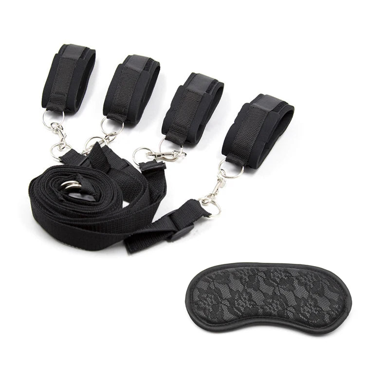 Bedroom Bed Restraints Kit Mattress Bindings Straps Wrist Hand Ankle Cuffs Black Sponged Bondage Belt Blindfold Sex Toy