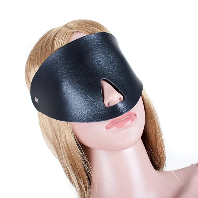 Black PU Leather Mystery Expose Nose Eye Mask with Binding Bondage Blindfold Sexy Toys for Fetish Adult Game Cosplay Sex Product