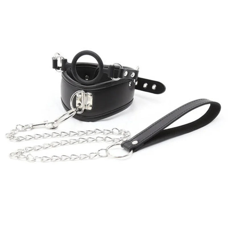 Black PU Neck Collar with Ring Mouth Gag Collar Slave Bondage Strap Harness Restraint Sex BDSM Bondage Adult Sex Toys