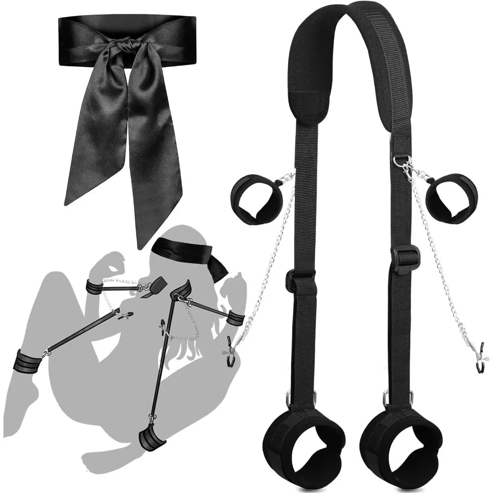 Bondage BDSM Kit Restraints Set Hand Cuffs Leg Straps Cuffs Nipple Clamp Adjustable Soft Tie Adults Sex Toys for Couples SM Game