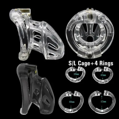 Clear/Black Vent Hole Male Chastity Cage with Openable Ring Penis Ring Boundage Sex Toys for Men BDSM Lock Belt with 4 Cock Ring