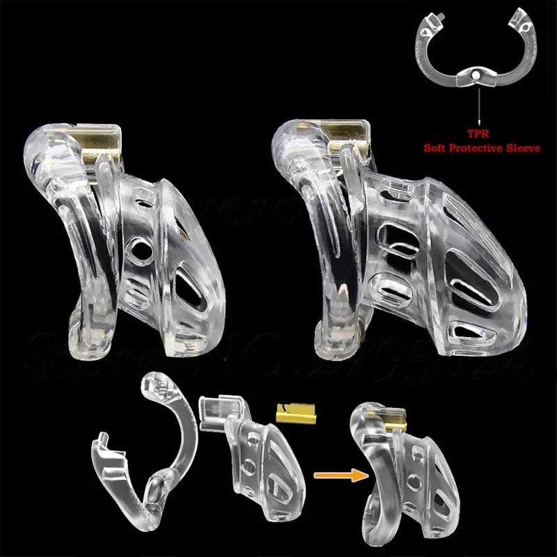 Clear/Black Vent Hole Male Chastity Cage with Openable Ring Penis Ring Boundage Sex Toys for Men BDSM Lock Belt with 4 Cock Ring