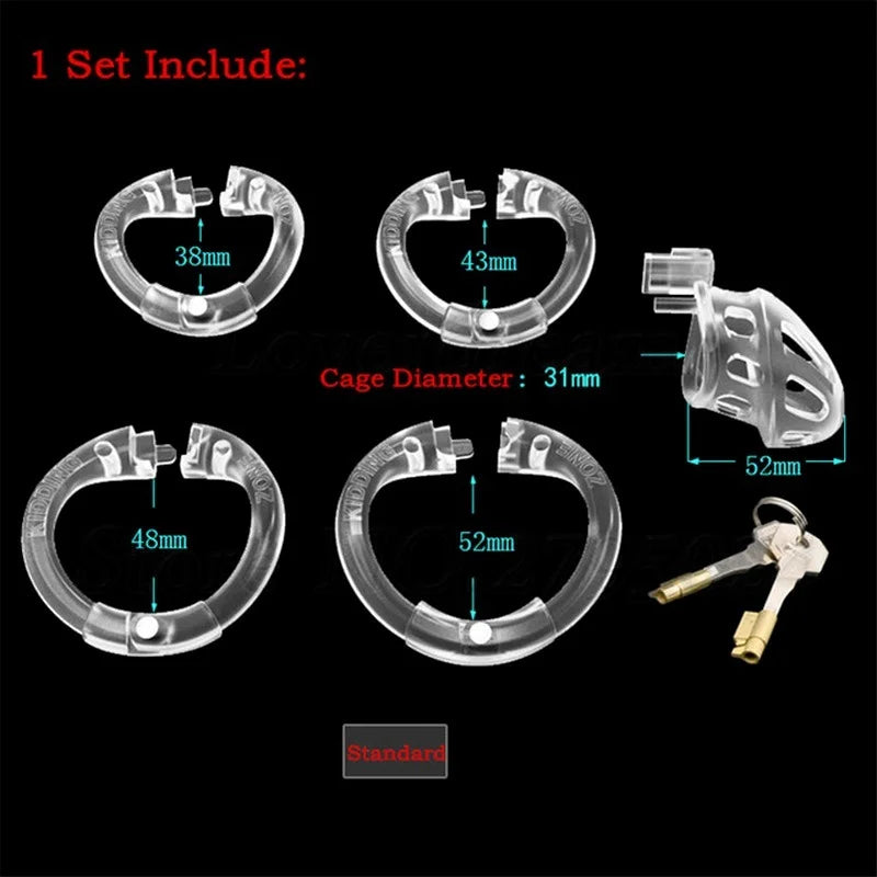 Clear/Black Vent Hole Male Chastity Cage with Openable Ring Penis Ring Boundage Sex Toys for Men BDSM Lock Belt with 4 Cock Ring