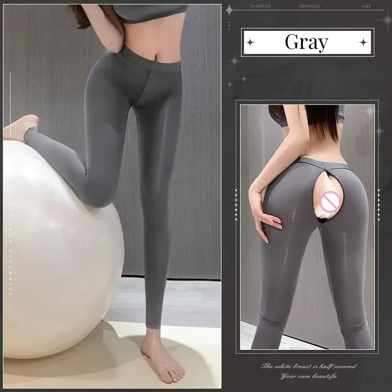 Cosplay Black and Gray Smooth Zipper Open Crotch Yoga Pants Underwear Stockings Sexy Pants Open Crotch Hotpants