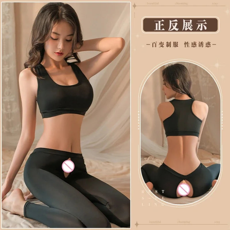 Cosplay Black and Gray Smooth Zipper Open Crotch Yoga Pants Underwear Stockings Sexy Pants Open Crotch Hotpants