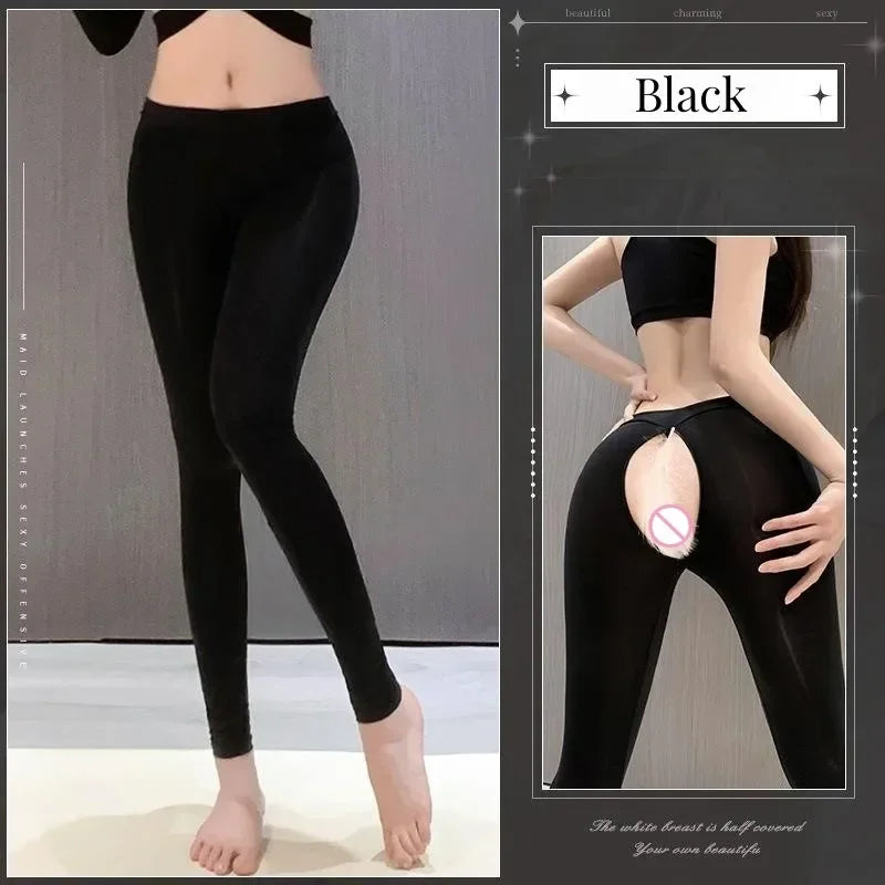 Cosplay Black and Gray Smooth Zipper Open Crotch Yoga Pants Underwear Stockings Sexy Pants Open Crotch Hotpants