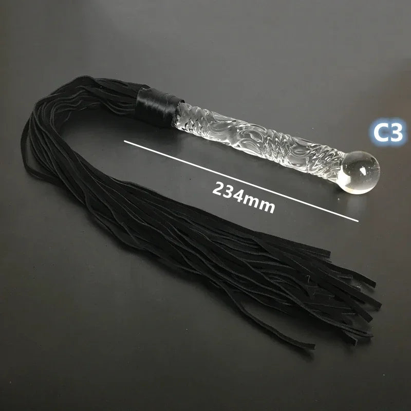 Crystal Dildo Real Leather Flogger Glass Penis Whip Sex Whip G-spot Anal Bead Leather Tools Restraints Bdsm Sex Adult Games