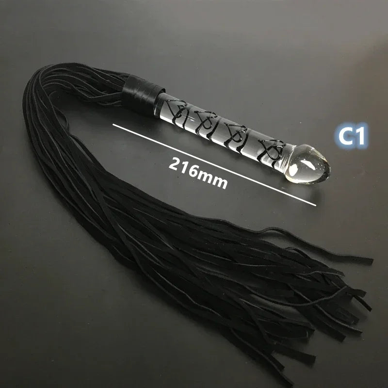 Crystal Dildo Real Leather Flogger Glass Penis Whip Sex Whip G-spot Anal Bead Leather Tools Restraints Bdsm Sex Adult Games