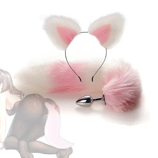 Dildo Anal Plug Cute Ears Headbands Fox Rabbit Tail Metal Butt Anal Plug Erotic Cosplay Accessories Adult Sex Toy for Couples