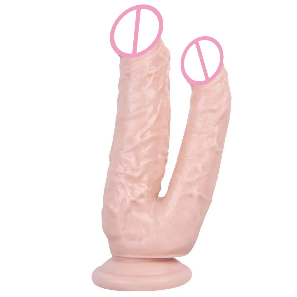 Double Dildos Female Masturbation Double Penetration Both Vagina and Anus Big Penis with Suction Cup Sex Toy Strap on Two Dildo