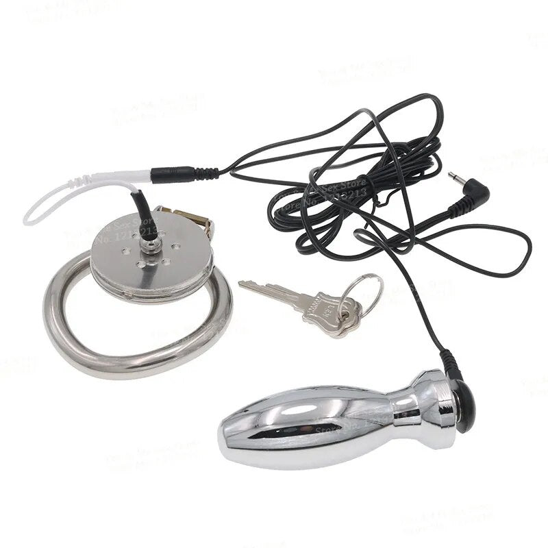 Electric Shock Small Stainless Steel Male Penis Lock Chastity Cock Cage Bondage Belt Ring Metal Butt Plug Slave Electro Sex Toys