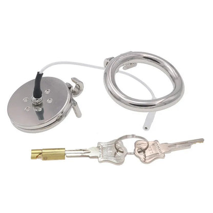 Electric Shock Small Stainless Steel Male Penis Lock Chastity Cock Cage Bondage Belt Ring Metal Butt Plug Slave Electro Sex Toys