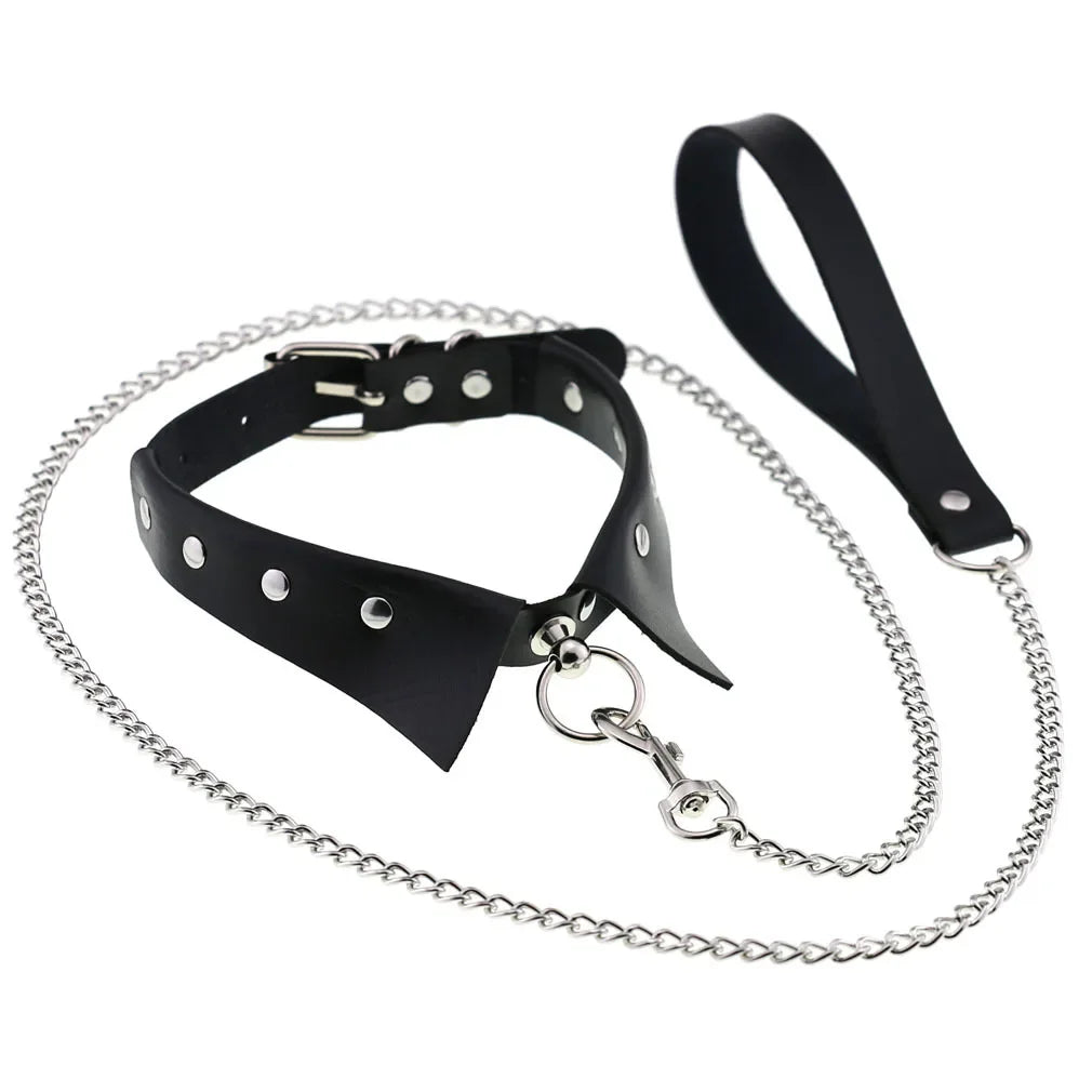 Exotic Accessories of Bdsm Slave Bondage Leather Collar with Leash Ring Steel Chain Sex Toys to Lover Roleplay Posture Spreader