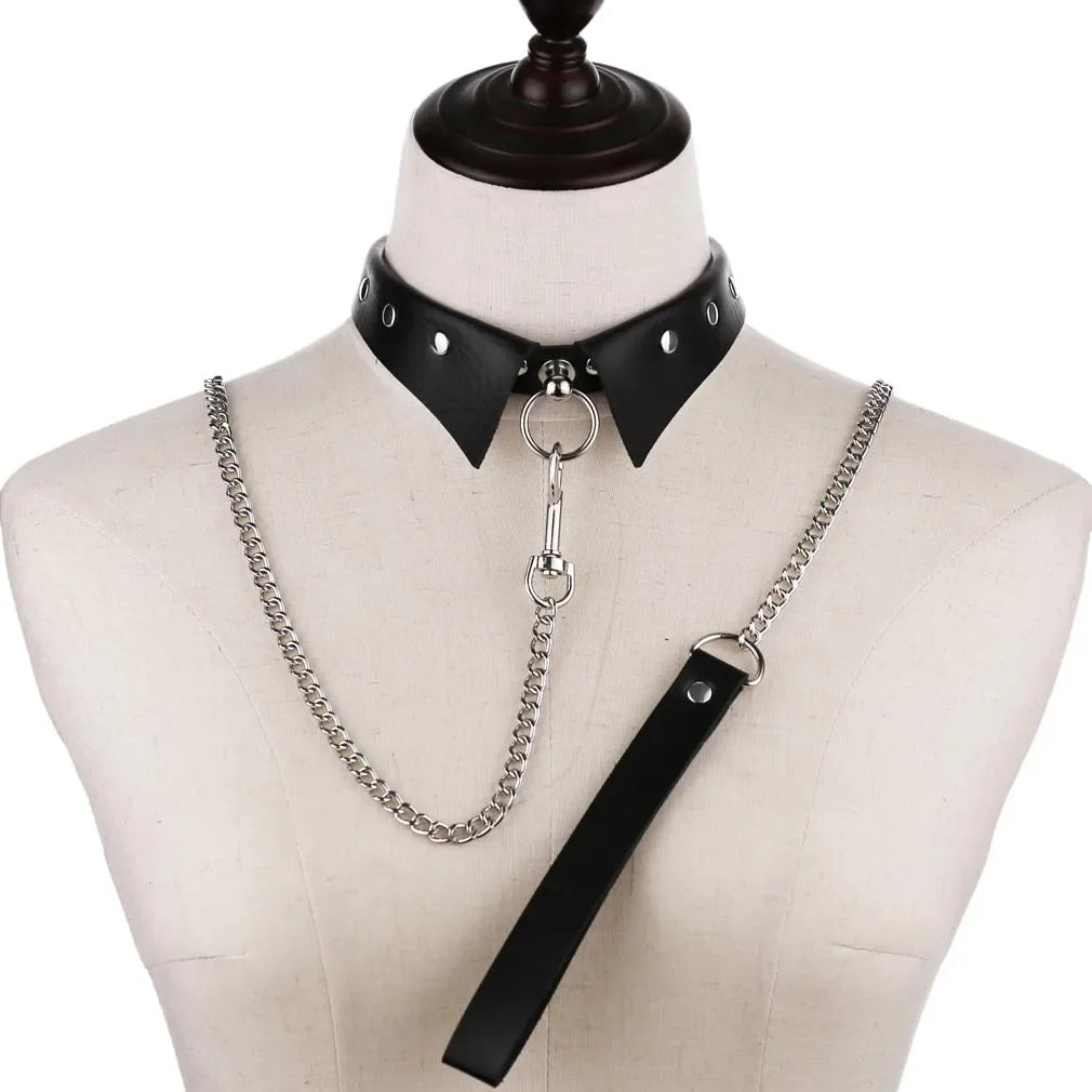 Exotic Accessories of Bdsm Slave Bondage Leather Collar with Leash Ring Steel Chain Sex Toys to Lover Roleplay Posture Spreader