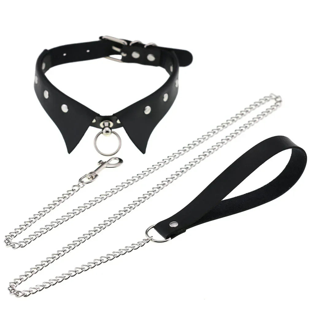 Exotic Accessories of Bdsm Slave Bondage Leather Collar with Leash Ring Steel Chain Sex Toys to Lover Roleplay Posture Spreader