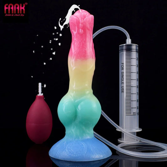 FAAK Ejaculation Dildo With Suction Cup Syringe Squirting Dog Penis With Knot vaginal cleaning Anal Sex Toy Men Women Masturbate