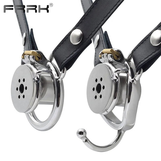 FRRK Harness PU Chastity Belt with Inverted Plug Cylinder Stainless Steel Cock Cage for Couple CBT Game Play Sissy Penis Rings