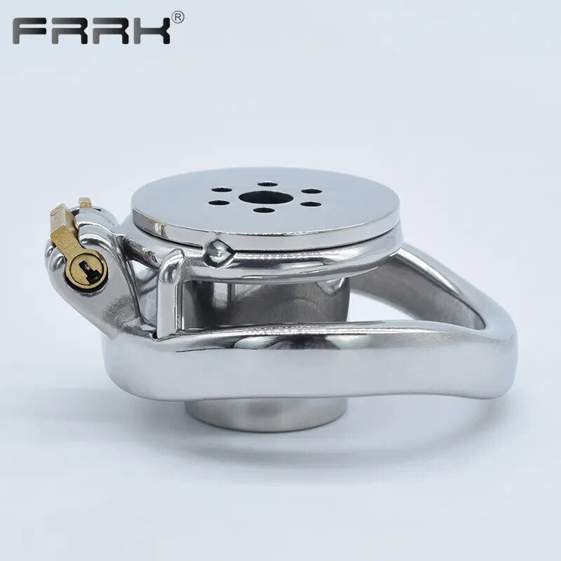 FRRK Harness PU Chastity Belt with Inverted Plug Cylinder Stainless Steel Cock Cage for Couple CBT Game Play Sissy Penis Rings