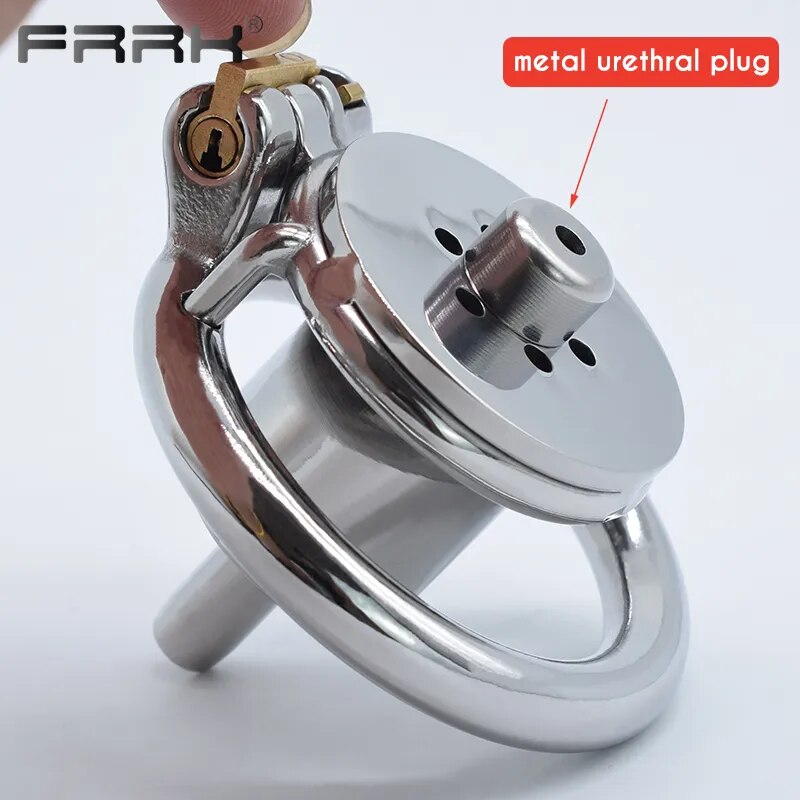 FRRK Harness PU Chastity Belt with Inverted Plug Cylinder Stainless Steel Cock Cage for Couple CBT Game Play Sissy Penis Rings