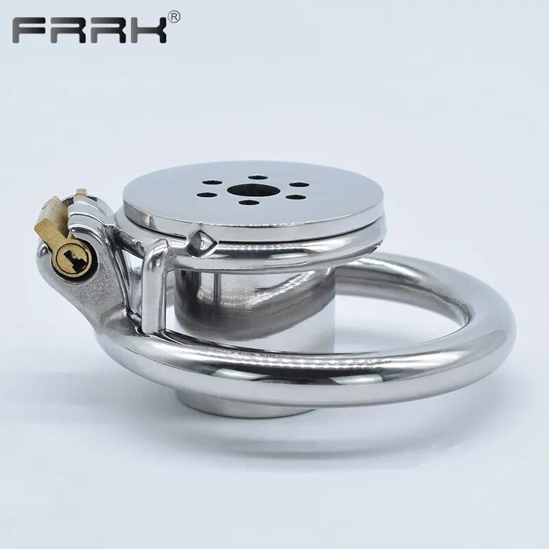 FRRK Harness PU Chastity Belt with Inverted Plug Cylinder Stainless Steel Cock Cage for Couple CBT Game Play Sissy Penis Rings