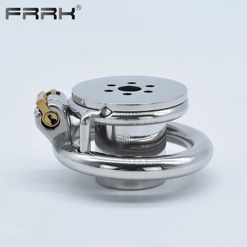 FRRK Harness PU Chastity Belt with Inverted Plug Cylinder Stainless Steel Cock Cage for Couple CBT Game Play Sissy Penis Rings