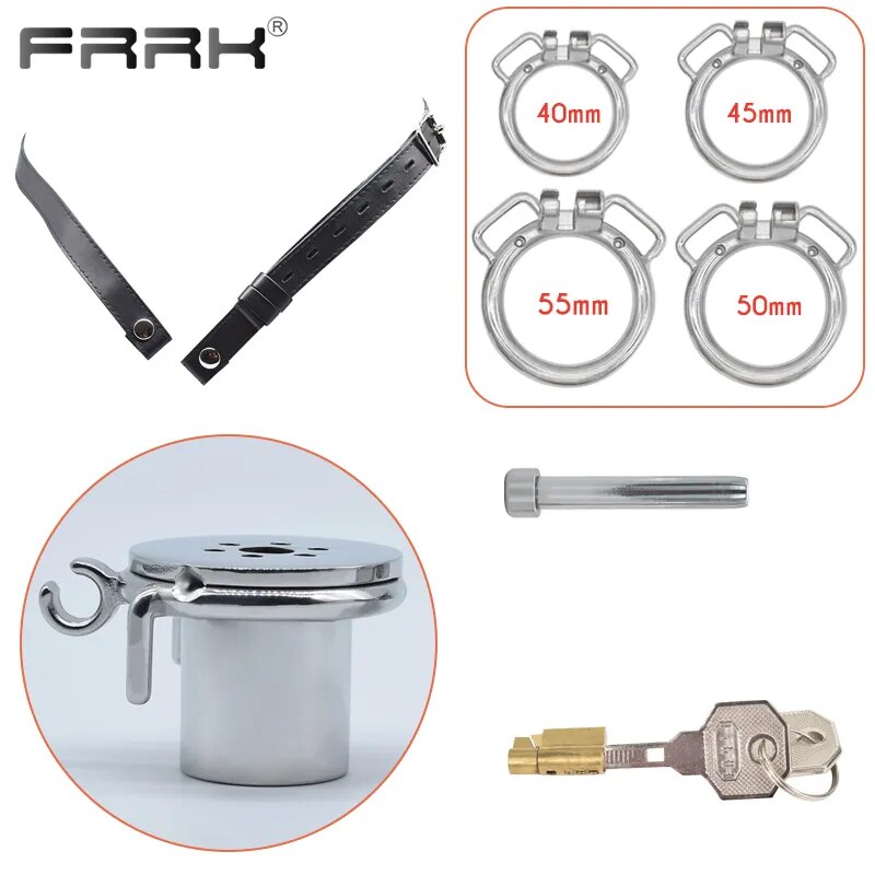 FRRK Harness PU Chastity Belt with Inverted Plug Cylinder Stainless Steel Cock Cage for Couple CBT Game Play Sissy Penis Rings