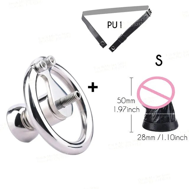 FRRK Metal Chastity Belt with Black Penis Dildo Head New Stainless Steel Men Negative Cock Cage BDSM Adult Sex Products for Male