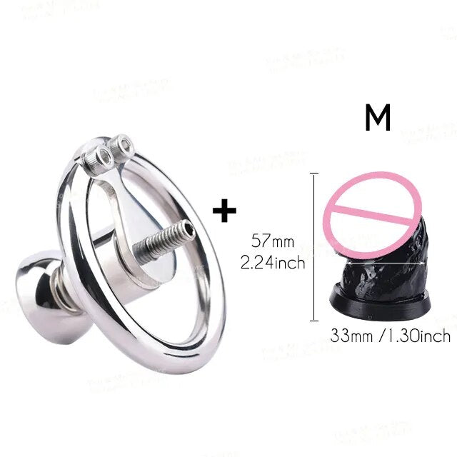 FRRK Metal Chastity Belt with Black Penis Dildo Head New Stainless Steel Men Negative Cock Cage BDSM Adult Sex Products for Male