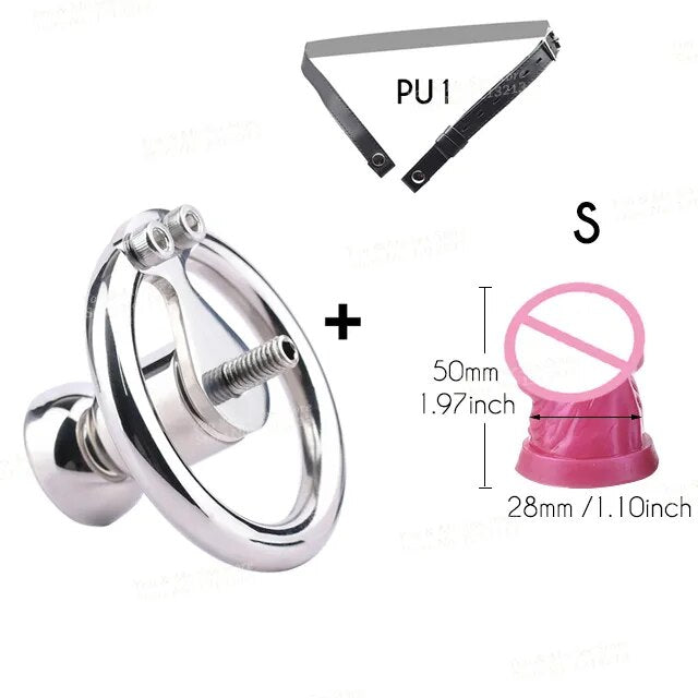 FRRK Metal Chastity Belt with Black Penis Dildo Head New Stainless Steel Men Negative Cock Cage BDSM Adult Sex Products for Male