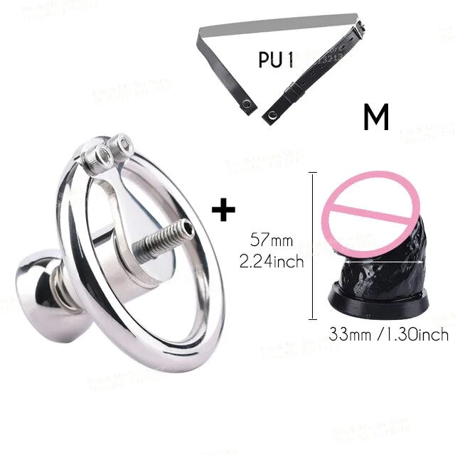 FRRK Metal Chastity Belt with Black Penis Dildo Head New Stainless Steel Men Negative Cock Cage BDSM Adult Sex Products for Male