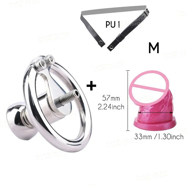 FRRK Metal Chastity Belt with Black Penis Dildo Head New Stainless Steel Men Negative Cock Cage BDSM Adult Sex Products for Male