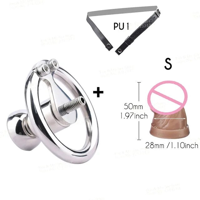 FRRK Metal Chastity Belt with Black Penis Dildo Head New Stainless Steel Men Negative Cock Cage BDSM Adult Sex Products for Male