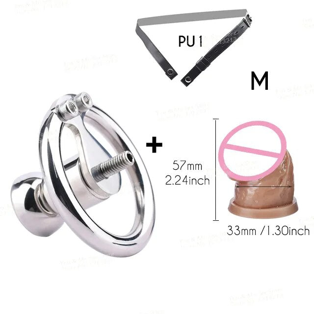 FRRK Metal Chastity Belt with Black Penis Dildo Head New Stainless Steel Men Negative Cock Cage BDSM Adult Sex Products for Male