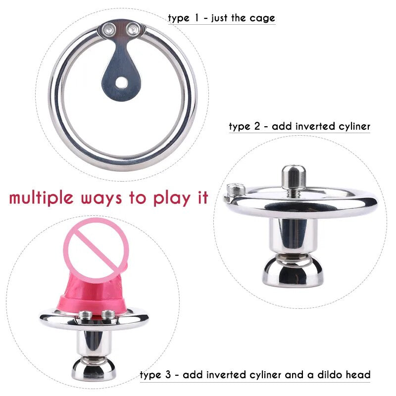 FRRK Metal Chastity Belt with Black Penis Dildo Head New Stainless Steel Men Negative Cock Cage BDSM Adult Sex Products for Male