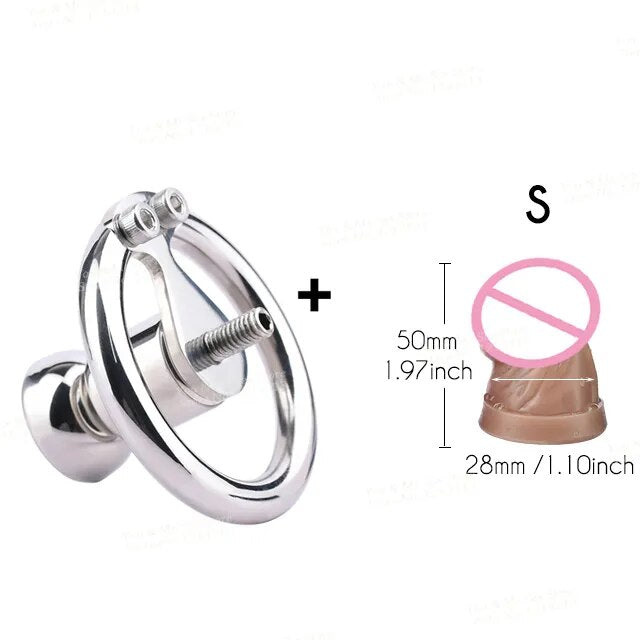 FRRK Metal Chastity Belt with Black Penis Dildo Head New Stainless Steel Men Negative Cock Cage BDSM Adult Sex Products for Male