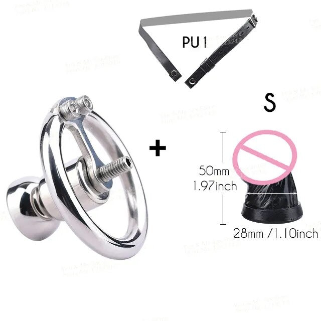 FRRK Negative Chastity Lock with Small Dildo for Men New Creative Combination Cock Cage Stainless Steel Penis Rings BDSM Sex Toy