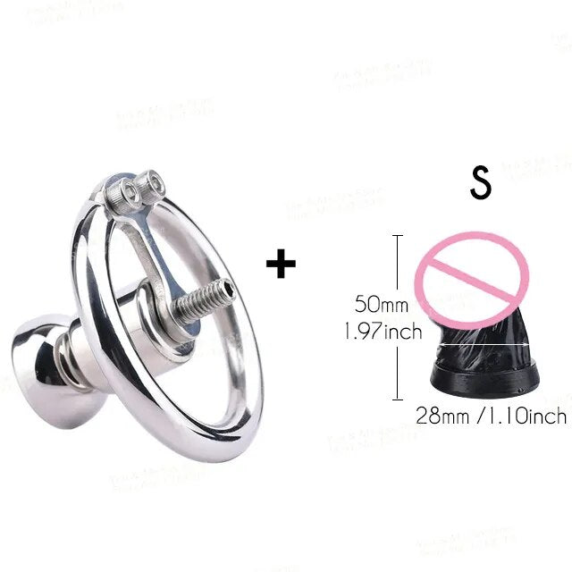 FRRK Negative Chastity Lock with Small Dildo for Men New Creative Combination Cock Cage Stainless Steel Penis Rings BDSM Sex Toy