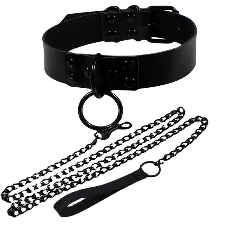 Fashion Sexy Rivet Women Man Dark Black Punk Gothic Alternative PU Leather Traction Rope Chain Bondage Necklace Jewelry